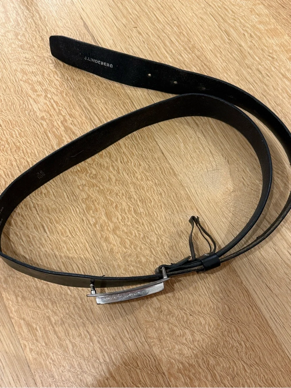 J.Lindeberg Men's Black Leather Belt with Brushed Silver Logo Buckle